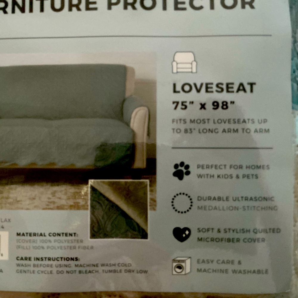 NIP Loveseat 2 cushion Furniture Protector - LIGHT BLUE /Ecru back